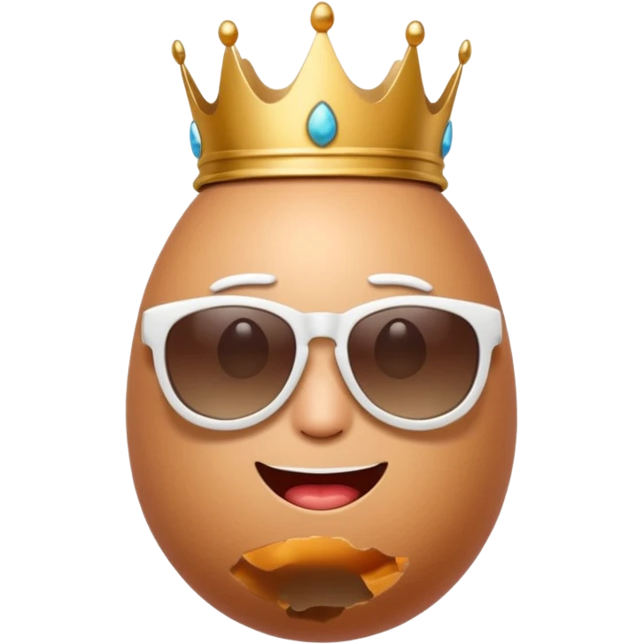 a funny, proud cartoon-style egg character wearing sunglasses and a small broken crown, solid orange background. emoji