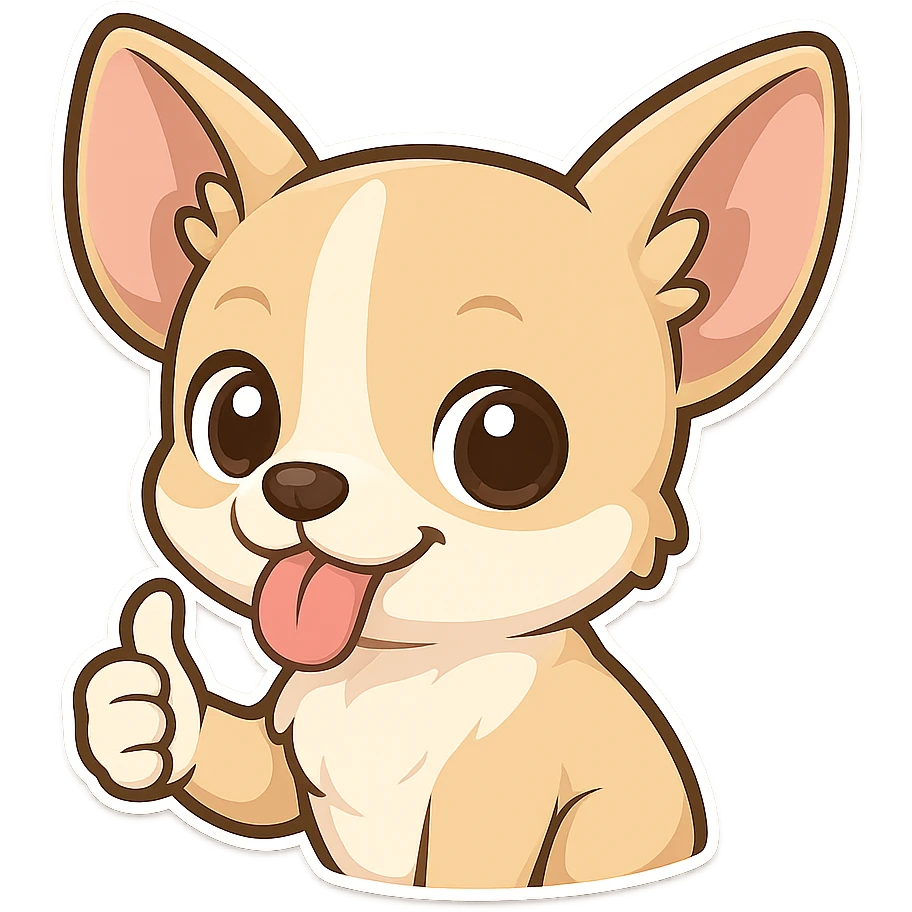 A Chihuahua tilts its head, sticks out its tongue, and gives a thumbs-up emoji