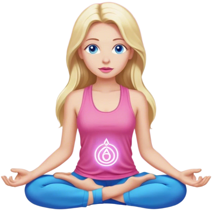 Cinematic realistic blonde with long hair, Cinematic realistic blonde with long hair, blue eyes and pink lips, wearing a pink tank top, meditates, her chakras glow emoji