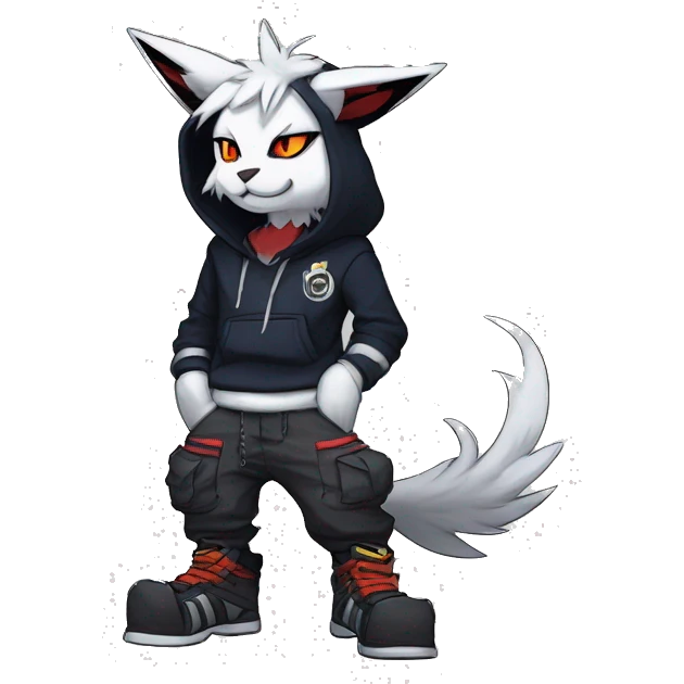 Cool Anthro Absol-Bat-Litten-Lynx-Pokémon with edgy stripes hoodie spiked collar punk techwear Cargo Pants Full Body emoji