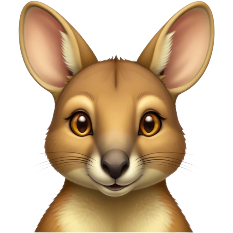 Cinematic Noble Wallaby Portrait Emoji, Poised and regal, with a compact, agile build and a soft, well-groomed fur of warm tan and light brown hues, deep-set soulful amber eyes and perky ears, Simplified yet sharp and sophisticated features, highly detailed, glowing with a soft, dignified glow, high shine, intelligent and spry, stylized with an air of bushland elegance, focused and attentive, soft glowing outline, capturing the essence of a watchful and confident marsupial, so majestic it feels as though it could hop out of the screen with effortless authority! emoji
