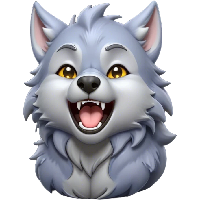 Cinematic Cute Yawning Werewolf Portrait Emoji, with a cuddly, miniature lupine form in soft moonlit grays and silvers, head leaning back in a big, adorable yawn that reveals a few fuzzy teeth, simplified yet irresistibly charming, highly detailed with a soft glowing outline that captures the drowsy, playful essence of a werewolf mid-nap! emoji