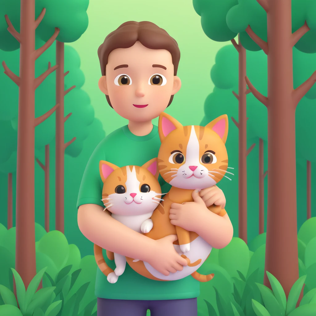boy and cat pet in forrest background, close up pose emoji