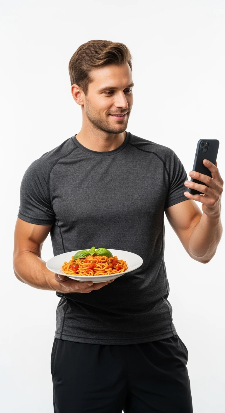 uomo fitness con piatto di pasta in mano e smartphone, sfondo bianco emoji