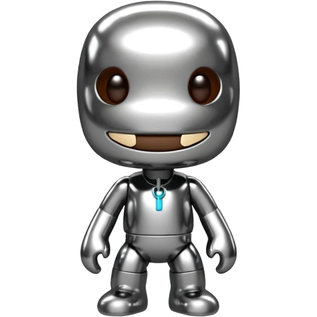 Turn this Sackboy character in the photo into 3D chrome metallic style, highly reflective and shiny, with realistic details emoji