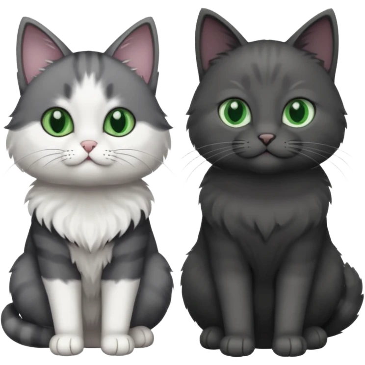 one dark grey and white cat and one completely solid dark grey cat with green eyes and only white paws emoji