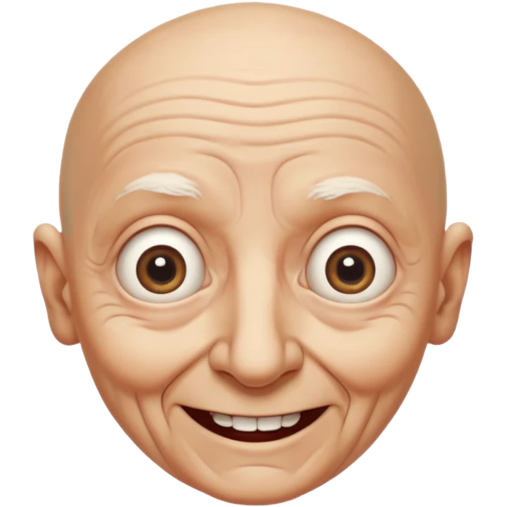 A bald person who’s very old is staring, head upright and looking at the camera with very wide eyes and a massive smile, in a very creepy way. emoji