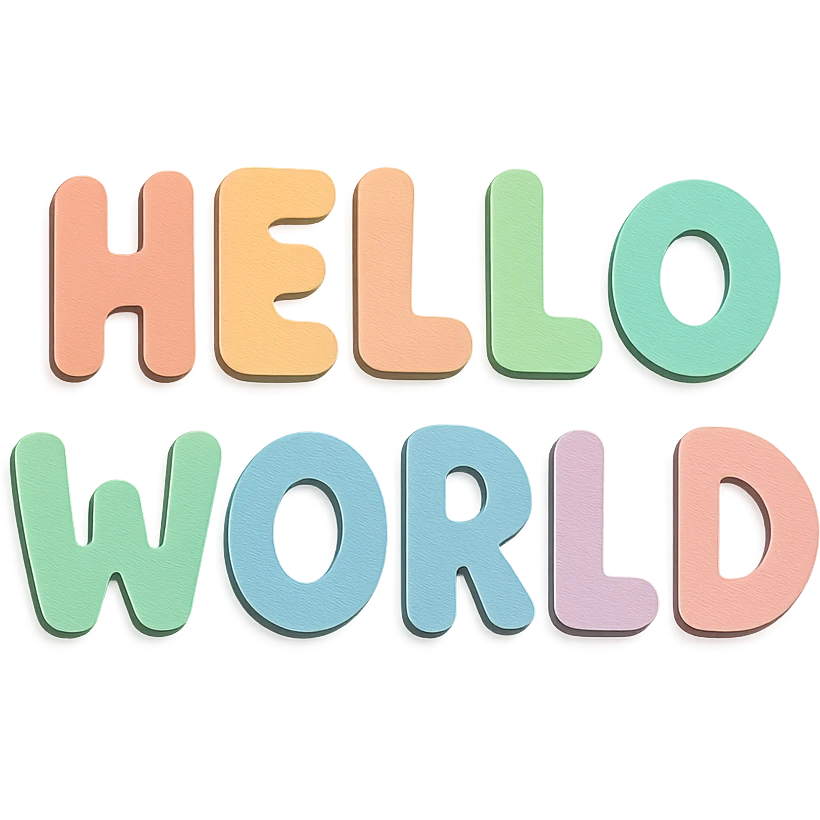 "Hello World" soft pastel rainbow cute bold letters, hand-drawn rounded font, no outline, transparent background emoji