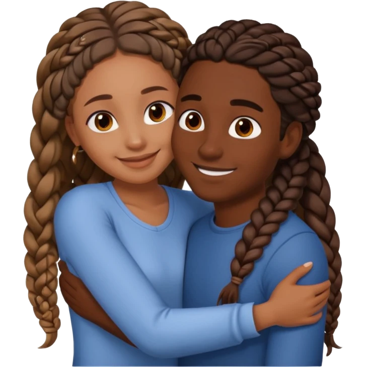 dark skin girlfriend with braids hugs brown skin boyfriend with long hair  emoji