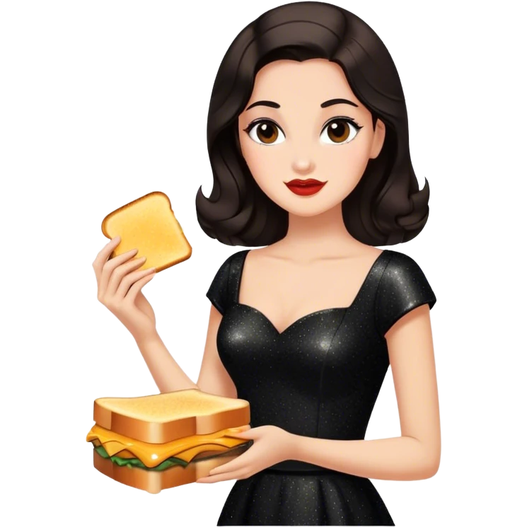 Beautiful woman in 1950’s woman fashion look, black shimmery dress, long dark brown hair, grilled cheese sandwiche emoji