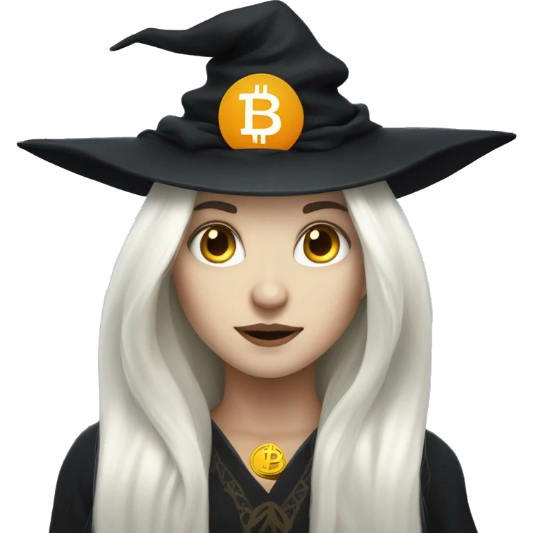 Face witch with bitcoin, cute, white skin, white long hair emoji