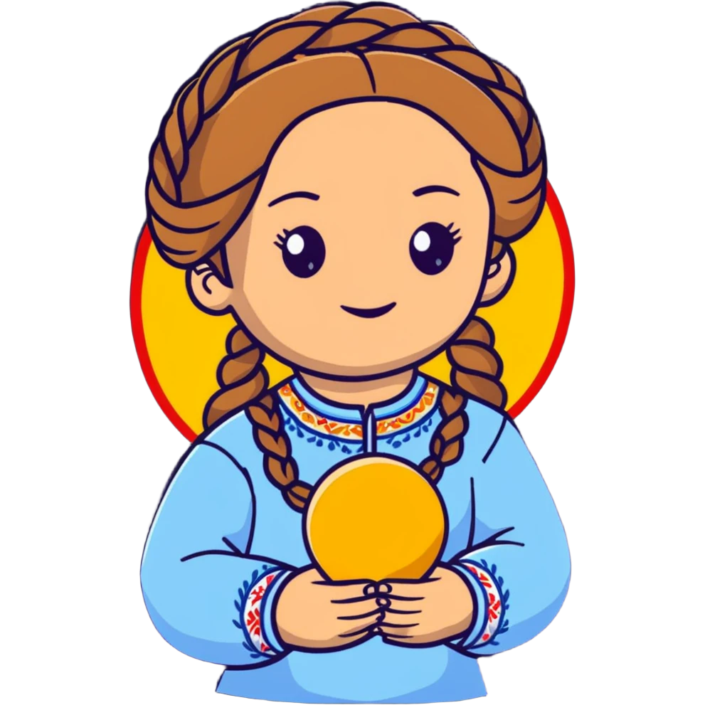Ukrainian young girl with braided hair wearing traditional vyshyvanka embroidered shirt holding the sun in her hands emoji