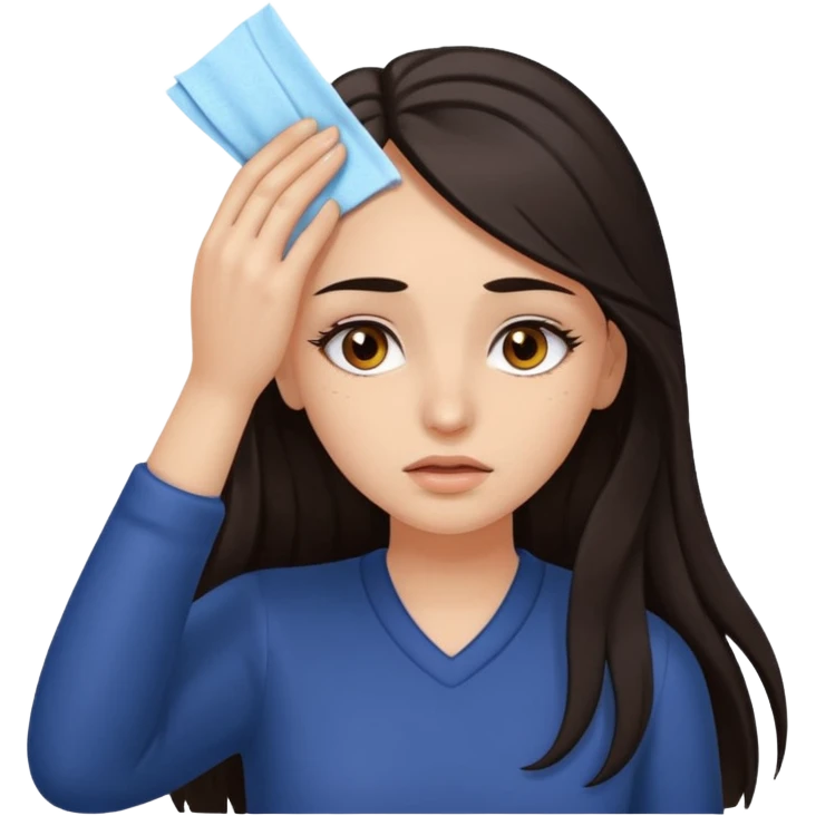 Girl with brown eyes and bold eyelashes and long dark hair wiping her forehead in relief emoji