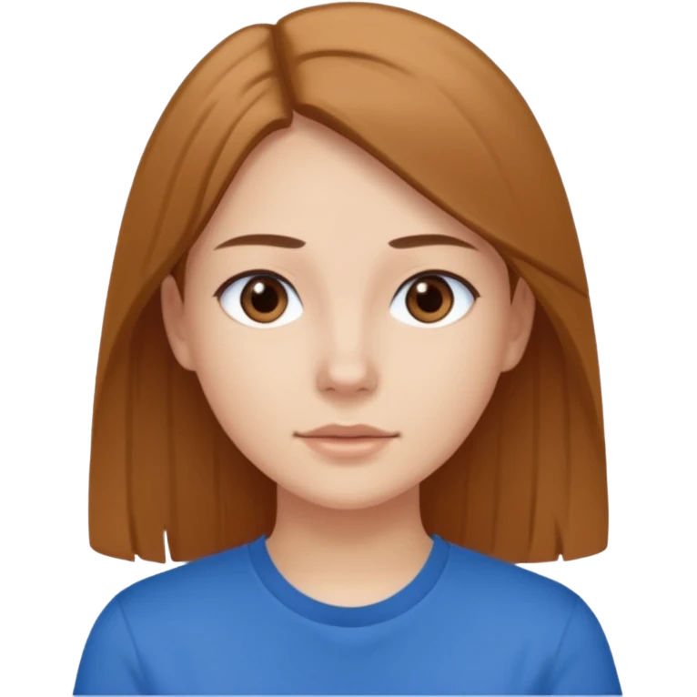 young brawn-eyed woman with straight hair with a blue t-shirt with  emoji