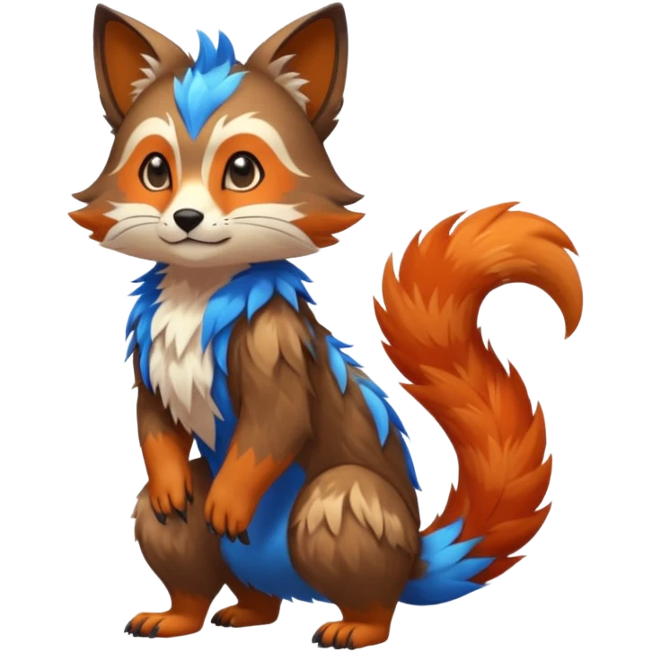 Colorful brown with blue and orange tropical exotic shiny beautiful fantasy-Cacomistle-oncilla-animal-Fakémon-hybrid-fursona (full body) emoji