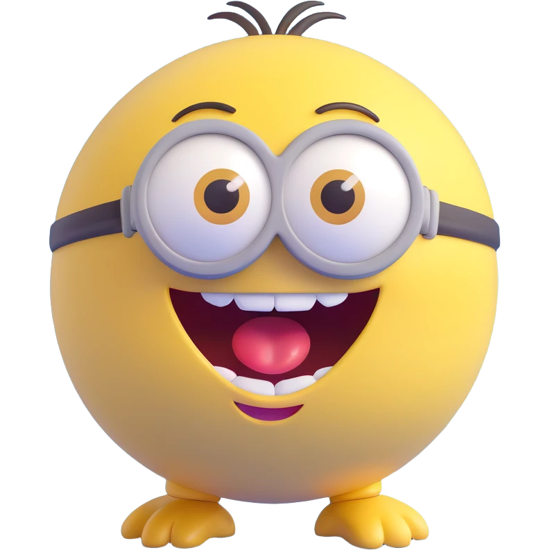3d sphere with a cute yellow minion face, laughing with mouth wide open emoji