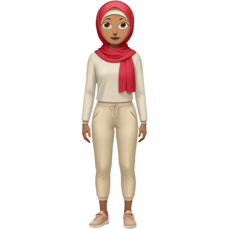 woman with medium-brown skin wearing a light red hijab, cream top, light red pants, tan shoes, and a visible gray below-knee hook-shaped prosthetic leg. Standing confidently with one hand on her hip emoji