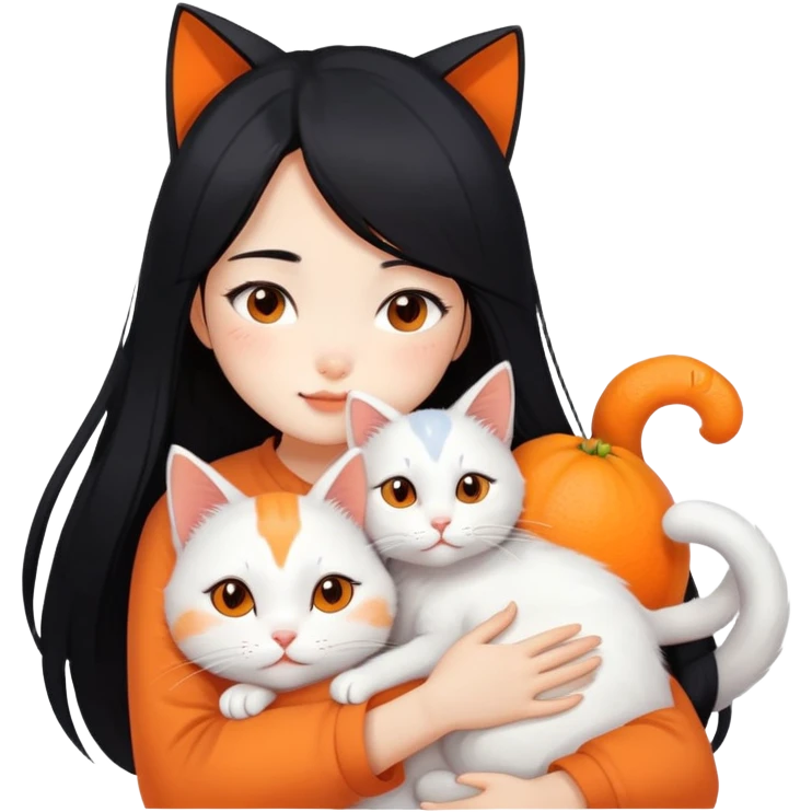 East Asian girl with long flowing black hair hugging a predominantly white cat with orange patches, sweet and gentle, cute facial expressions emoji