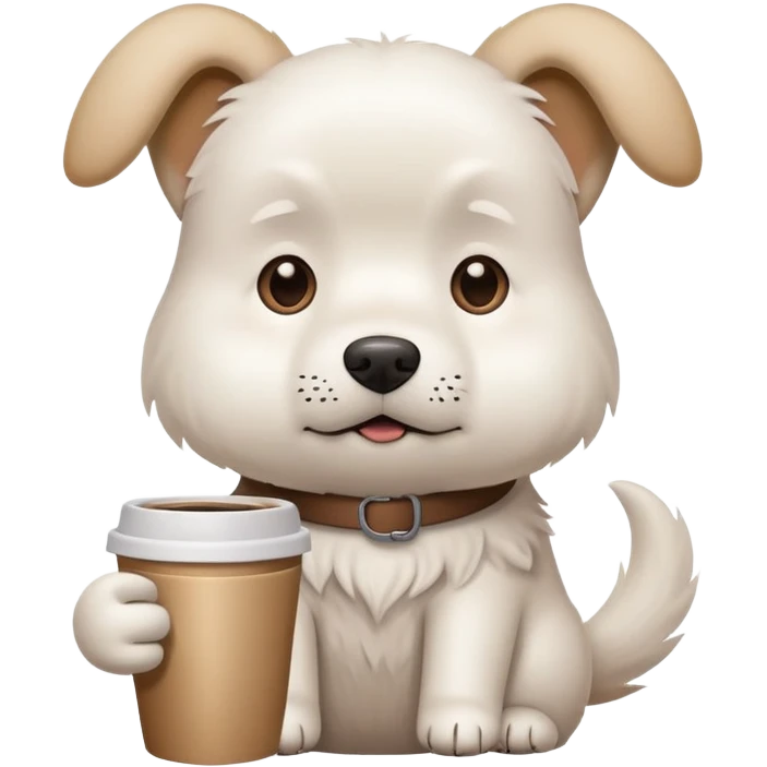 A white dog holding a coffee cup looking stressed and busy emoji