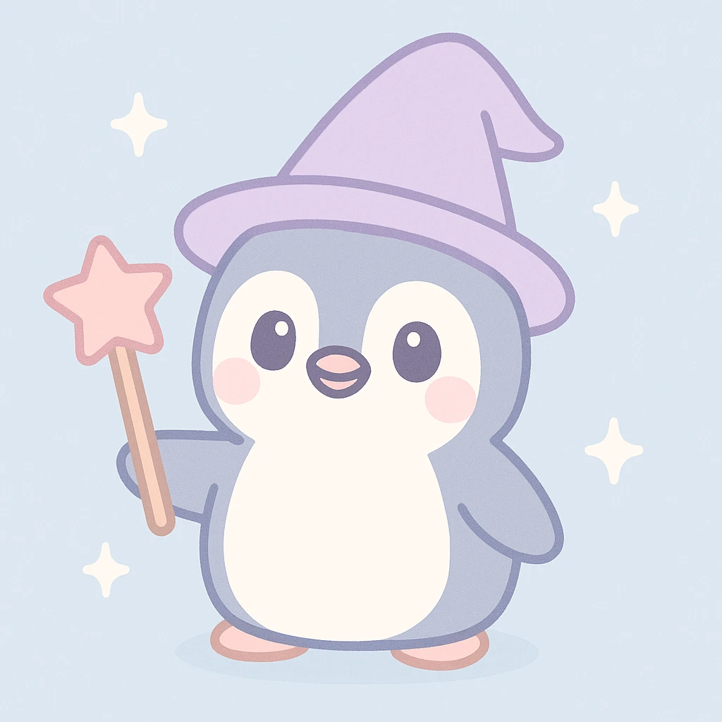 a penguin dressed as a wizard, with a pointy hat and a magic staff, in a fun and whimsical style emoji