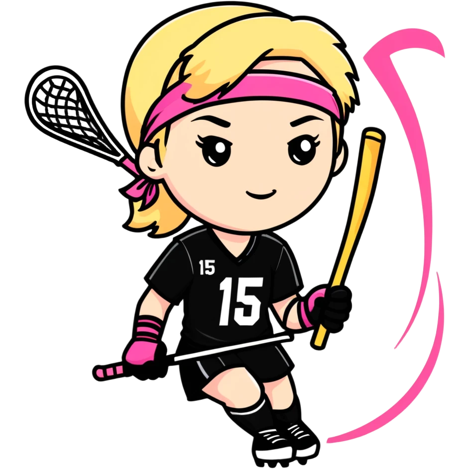 Women lacrosse player with a pink stick and all black uniform and blonde hair cool and athletic number 15 with cool eye black emoji