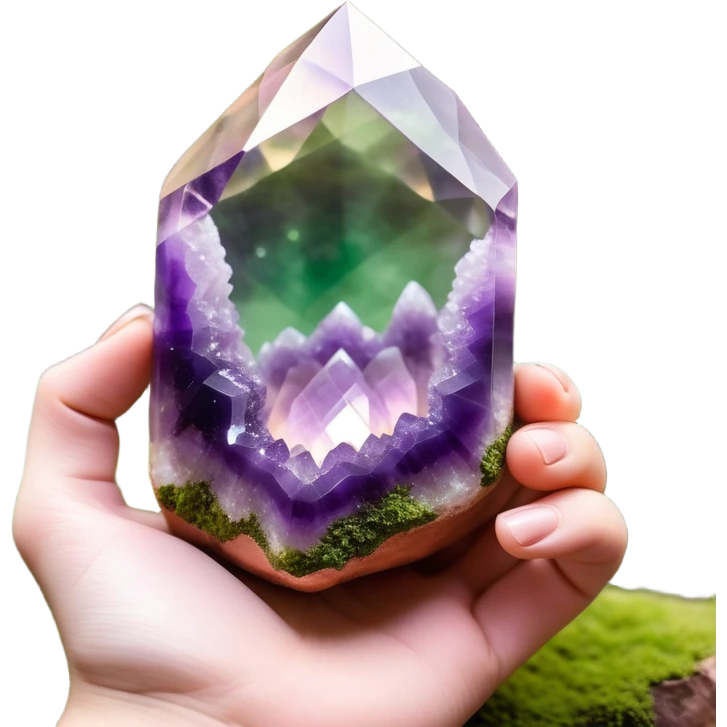 Ethereal hand silhouette (barely visible) cradling a raw amethyst geode prism, light refracting into natural scenes (e.g., skincare products in a spa), moss green (#8A9B6E) and terracotta (#B47157) gradients, soft bokeh light spots, earthy yet luxurious vibe  emoji