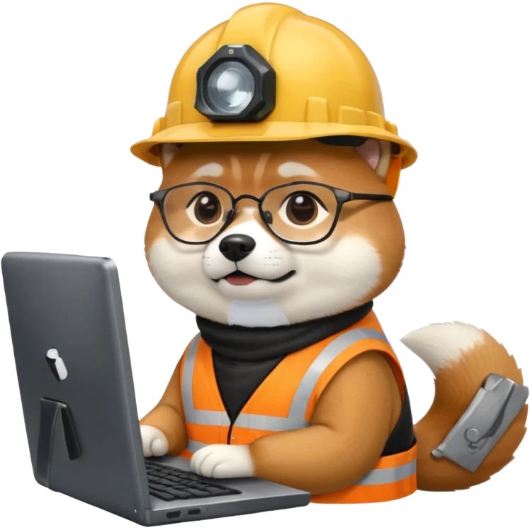 shiba inu with eye glasses and computer wearing a hard hat emoji