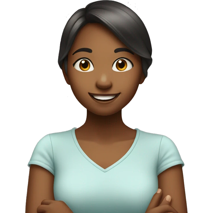 A young girl posing with her hands under her chin in a cheerful manner, with a friendly smile emoji