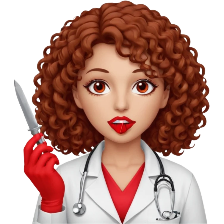 Lilith scalpel in hand, evil surgeon sexy surgeon clothes.  She has red eyes.  Hair is long. Hair is brown and curly hair. Wears sexy doctor outfit with red gloves. Covers mouth neck and nose with red litham for Muslim woman emoji