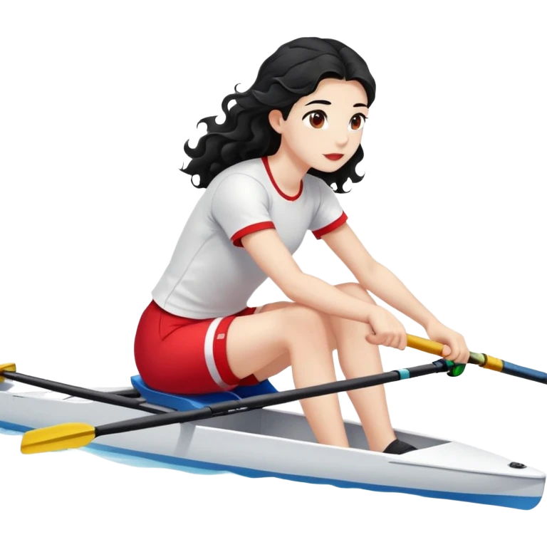 girl with long black wavy hair, white skin, wearing red shorts and white short-sleeve t-shirt, sitting in a long and thin racing boat suitable for Olympic rowing, rowing, boat and girl facing right in profile emoji