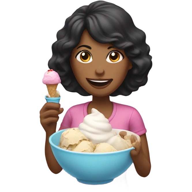 A mid age woman with black hair eating ice cream emoji