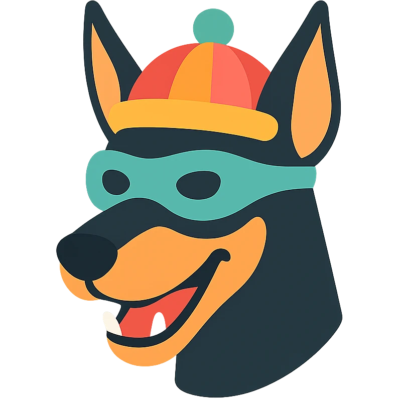 colorful Doberman bandit with a playful, exaggerated design emoji