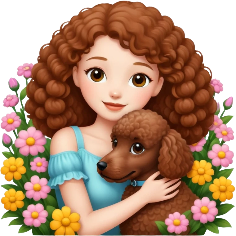 A beautiful girl happily hugs a brown poodle in the flowers emoji
