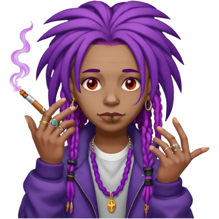 A purple weed smoking emoji with purple dreads, red eyes, hands full of rings, and wearing airforce1 shoes  emoji