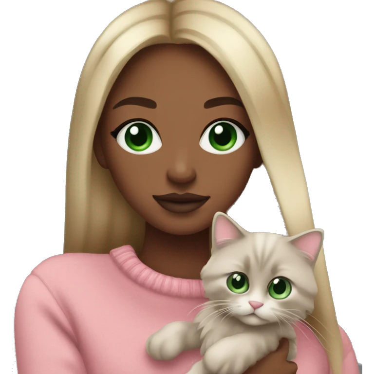 Dark blond girl, Green eyes, brown skin, long lashes, big rosé lips, pink sweater, holding ragdoll grey in arms emoji
