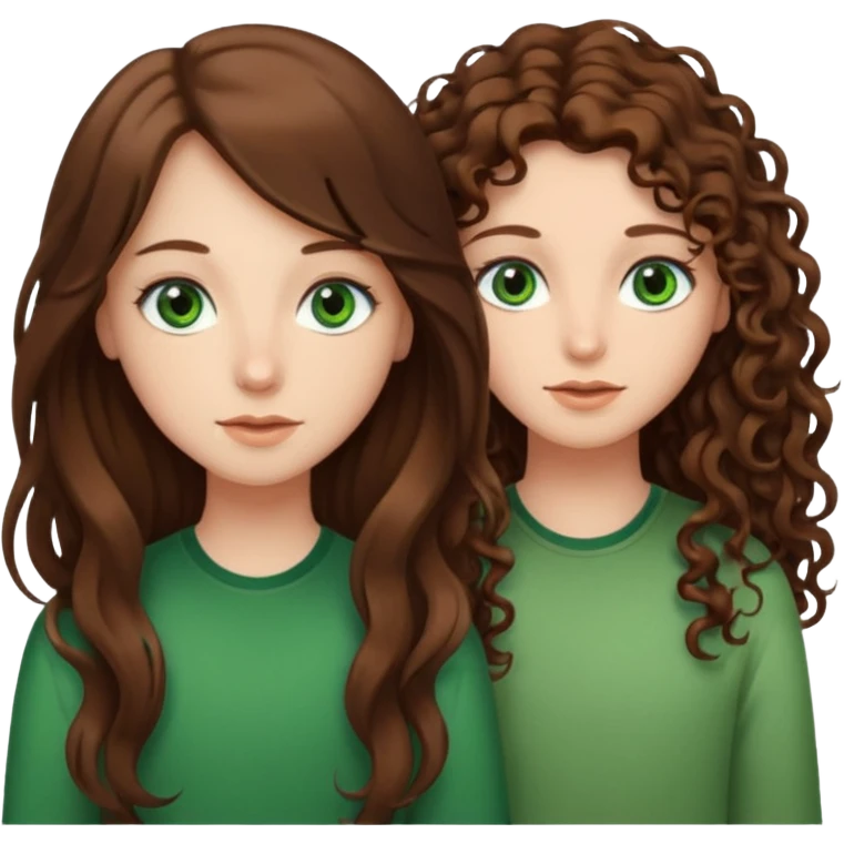 Two besties: 1: long straight brown hair, green eyes 2: long curly brown hair, brown eyes give them a judgy look emoji
