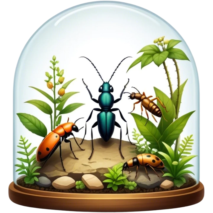 Close-up of home insects showcasing beetles, praying mantises and other exotic species in vivid detail, with natural textures of the terrarium. Soft lighting highlights their features. Transparent background. emoji