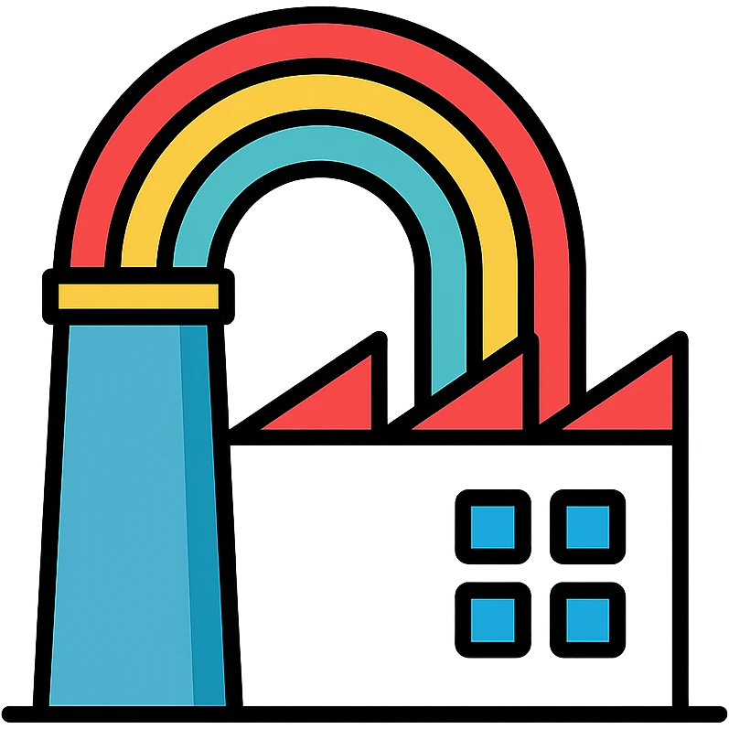 Enhance the minimal rainbow factory by making it much more colorful with vibrant rainbow arcs and bright accents while maintaining the clean and modern look. emoji