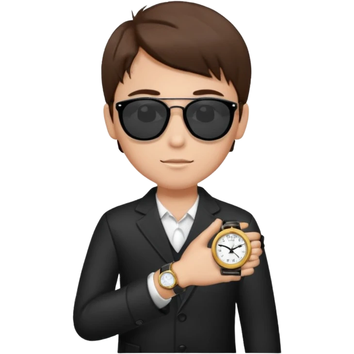 Un niño con pelo lacio color castaño,con lentes de sol negros y un reloj en la mano emoji