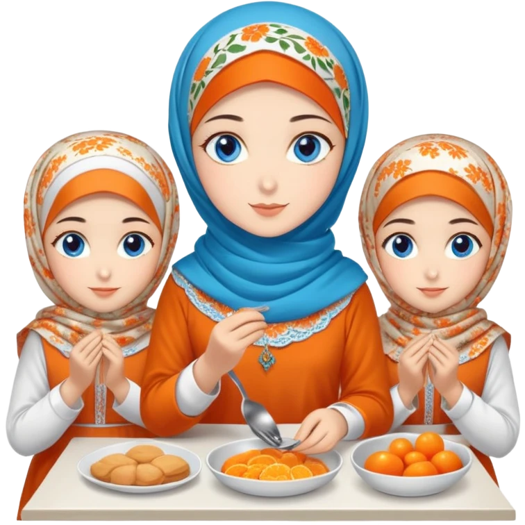 Four sister Turkish girls beautiful finish Konya blue eyes with orange floral hijab and Islamic dress and make Breakfast emoji