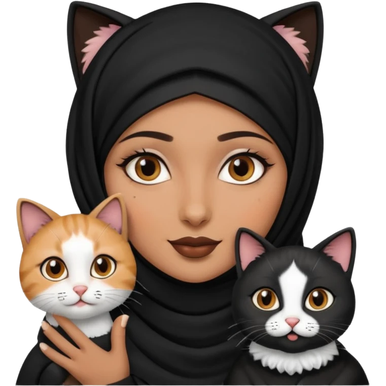 A Arabic woman human with brown eyes and black hijab. , the human is a human no cat ears, two cats, the both cats have the colour black and white in the same colour,   emoji
