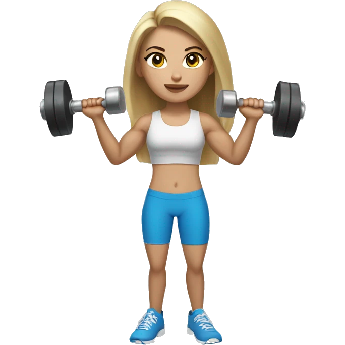 brunette girl with blonde highlights and light skin and blue eyes holding a dumbbell while having big arms  emoji