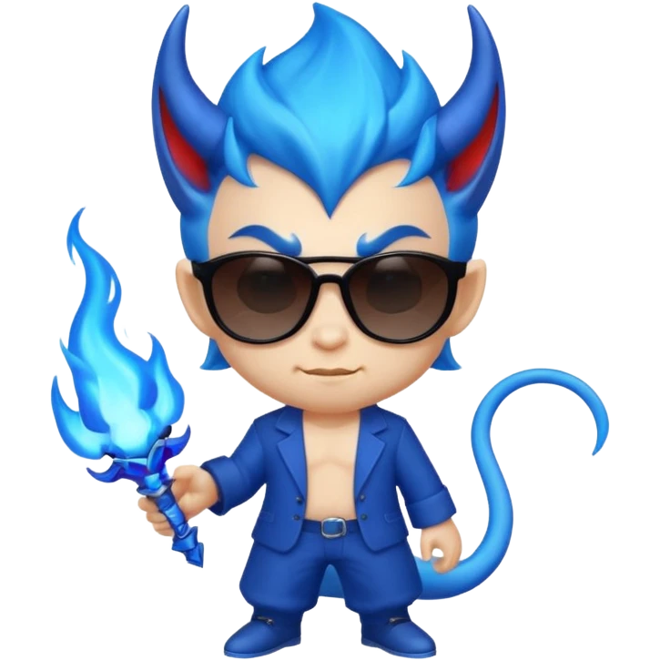 Cool devil with blue flame tail and shades, cute face, half body emoji