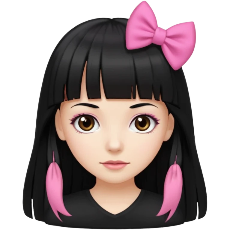 garota branca com cabelo longo, preto e franja reta, olhos castanhos, top preto e laço rosa no cabelo  emoji