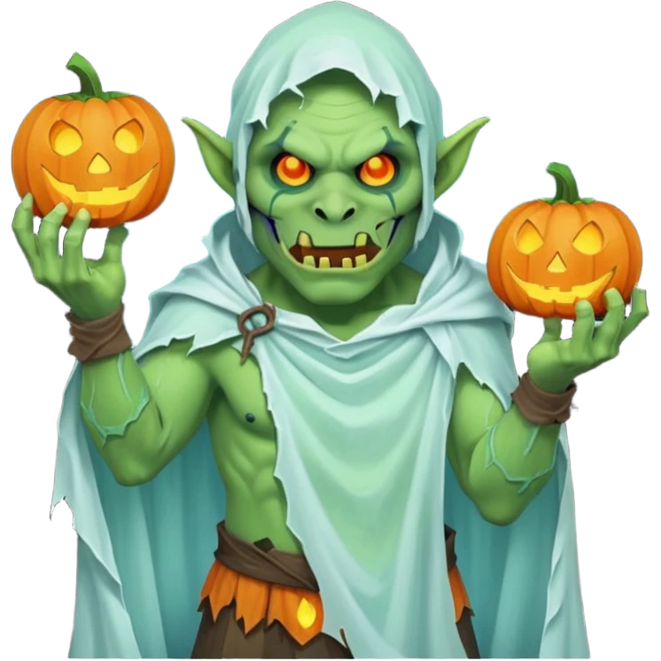 male orc ghost emoji, green skin, tusks, wearing torn white ghost sheet costume, holding glowing jack-o'-lantern, faint blue aura, friendly but spooky expression, Halloween fantasy theme, Apple emoji style, clean white background, square emoji