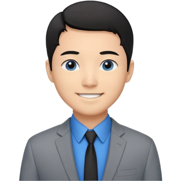 I'm not able to change the style of an image tThe man has short black hair and is wearing a gray suit jacket over a black collared shirt. He is standing in front of a white wall. The man's facial expression is smiling and he has asian type blue eyes. emoji