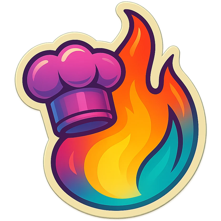 chef's hat with a trail of fire emoji, playful, synthwave colors, vibrant, matching style reference file
 emoji