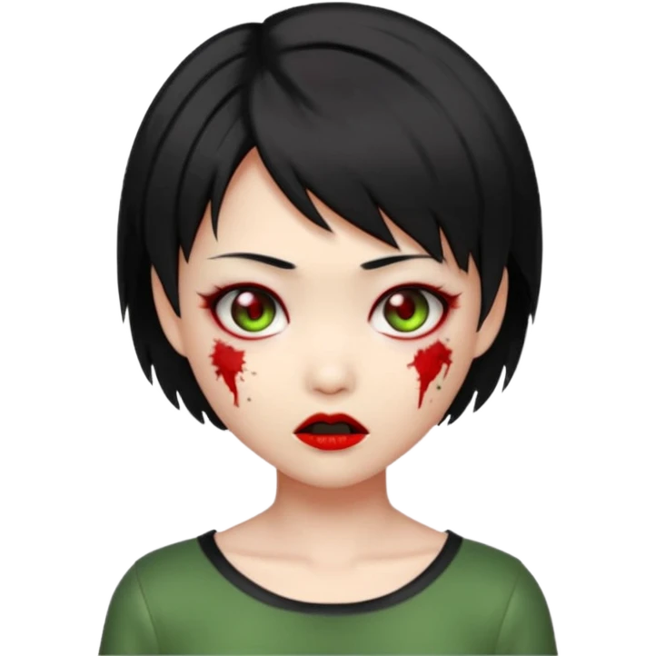 cute Asian zombie girl emoji with Ada Wong hairstyle, short black hair, green skin, red eyes, subtle stitches, playful expression emoji