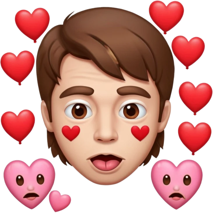 A cross eyed man with brown hair goon face their tongue out far with Valentine’s Day decor/hearts around eyes facing different directions emoji