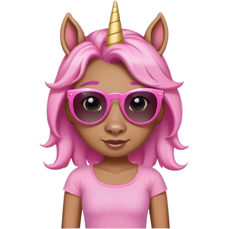 friendly anthropomorphised female unicorn in tutu and pink t-shirt, wearing dark sunglasses, standard pose, head and shoulders portrait emoji